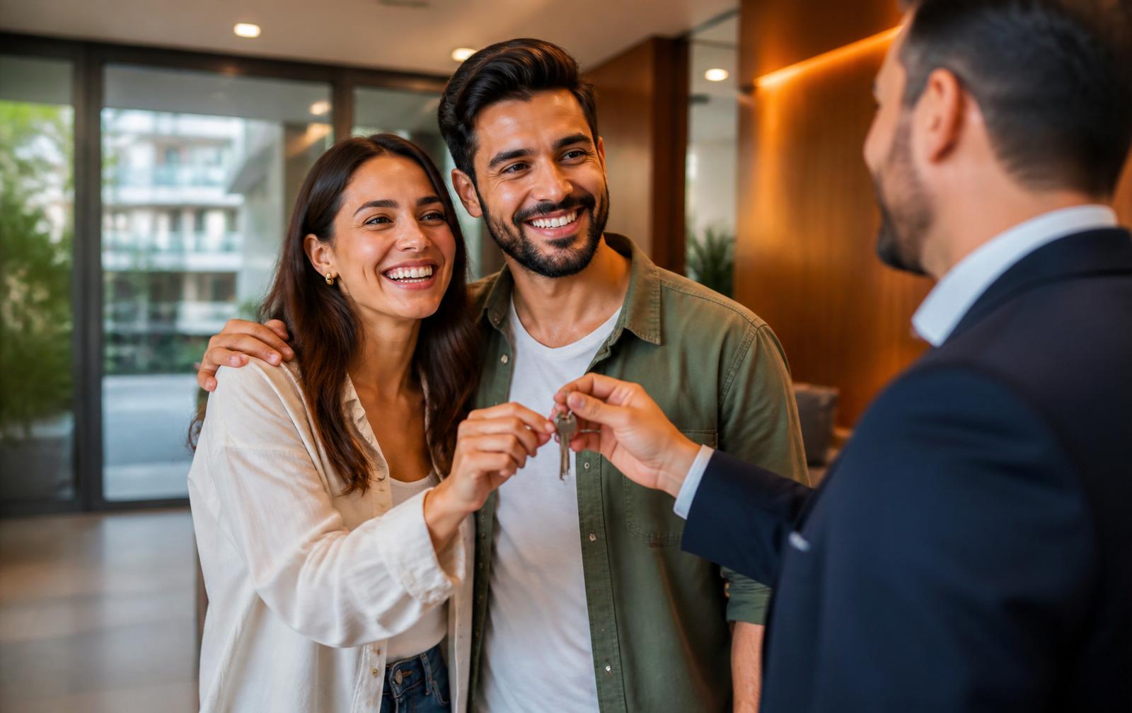 Casal recebendo as chaves de um novo apartamento