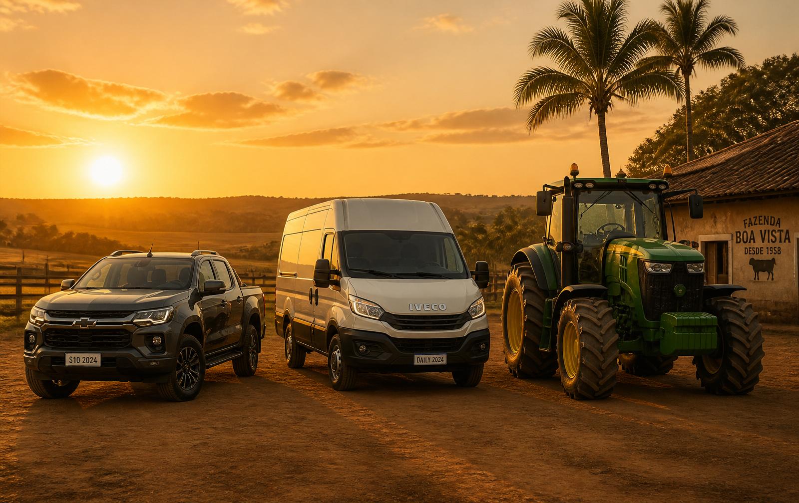 Picape, van de entregas e trator alinhados em fazenda ao pôr do sol